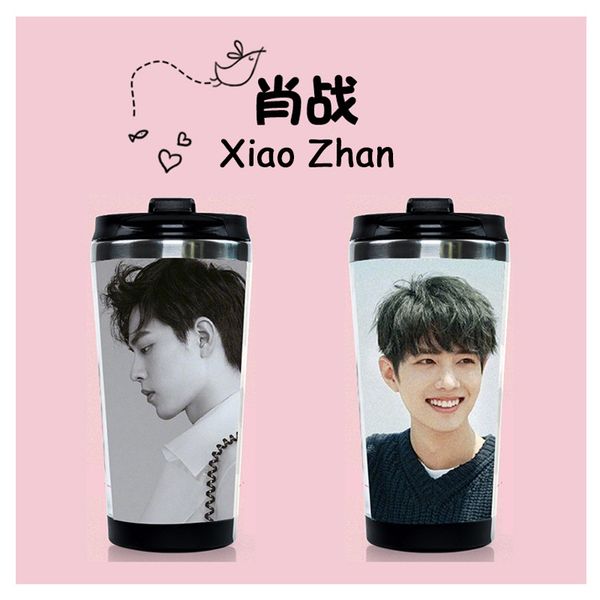 

xiao zhan chen qing ling wei wuxian stainless steel water cup the untamed double layer curve cups bottle fans collection gifts, Blue;slivery