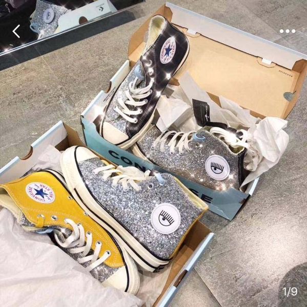 

chiara ferragni x Ã§onverse Ã§huck glitter/silver all-star 1970s big eyes sneakers polka white low canvas shoes 35-44 112202, Black