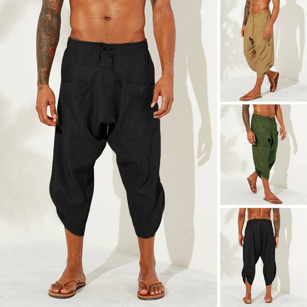 

2020 men casual pants cotton linen solid loose jogger retro elastic waist trousers men drop crotch harem pants incerun plus size, Black