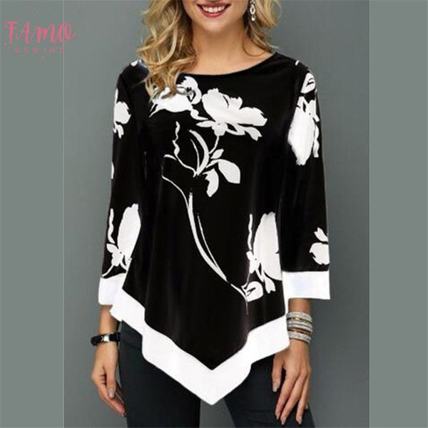 

plus size s 5xl women tee spring autumn female floral print t shirt casual o neck long irregular t shirt large, White