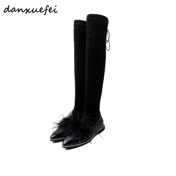 

plus size 34-42 women's real leather stretch fabric patchwork flats over the knee boots brand designer real fur long boots shoes, Black