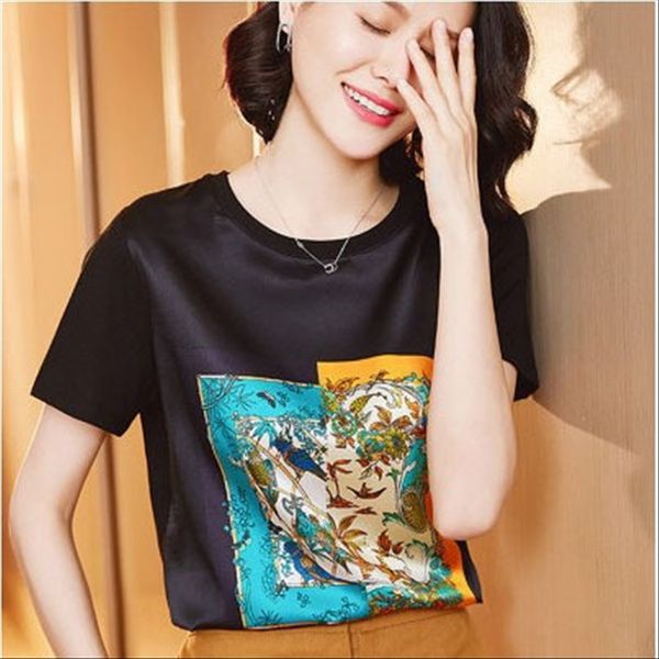 

short-sleeved t-shirt female summer 2020 printing mulberry white stitching half-sleeve short silk short-sleeved t-shirt female summer 2