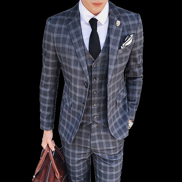 

2019 Fashion Vintage Plaid Suits 3 Piece Tweed Suits Mens Grey Blue Male Wedding Costume Slim Fit