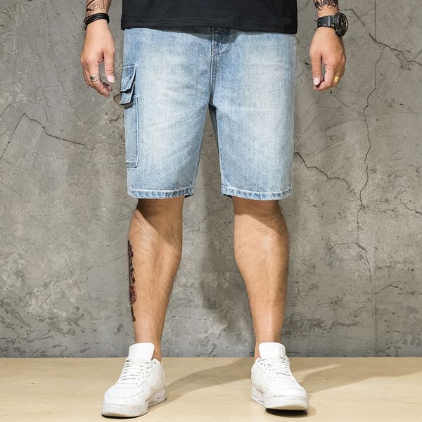 

new fashion mens ripped elasitc waist loose short jeans summer side pocket shorts breathable denim shorts male big size 30-44 46, Blue