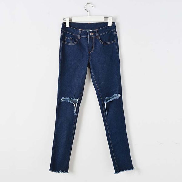 

повседневный разорванные джинсы для женщин джинсовые брюки хлопковые джинсы mujer женские брюки слегка эластичная, Blue
