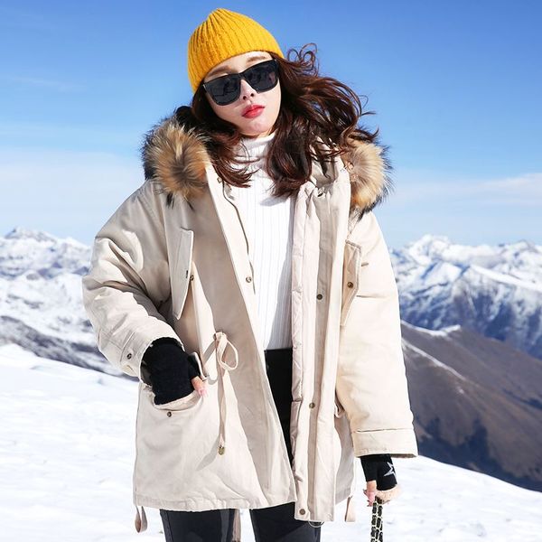 

real natural raccoon fur collar 2019 long warm thick female jacket winter warm jacket women's white duck down hooded coat, Black