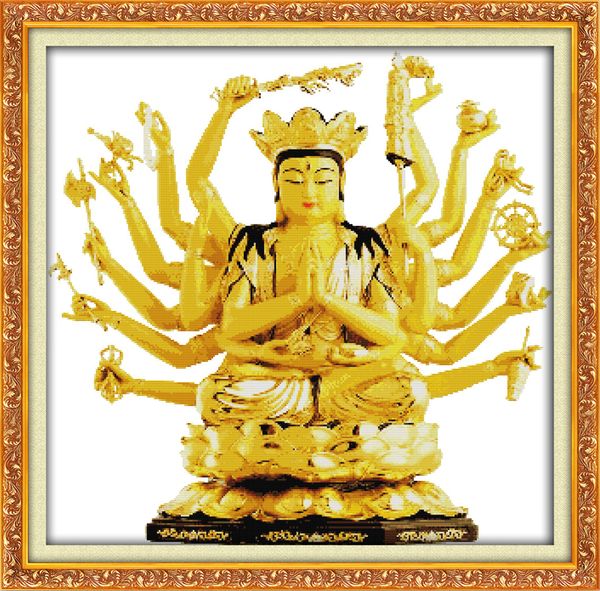 Dipinti decorativi di Buddha Bodhisattva dalle mille mani, ricamo a punto croce fatto a mano Set di ricamo contato stampa su tela DMC 14CT / 11CT