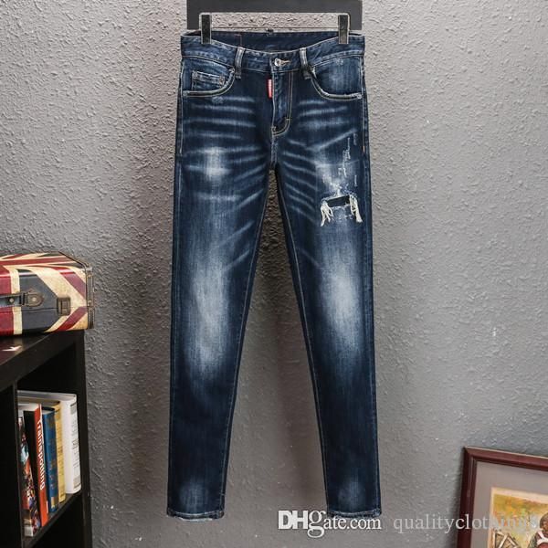 

2020 мужские дизайнерские джинсы узкие джинсы с принтом армейский зеленый разрушенный мужской тонкий деним прямые рваные джинсы мужские брюк, Blue
