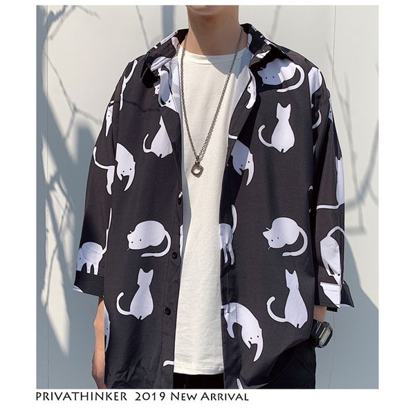 

men cartoon funny cat shirt summer 2019 mens japanese streetwear hip hop shirt couple harajuku black big size, White;black