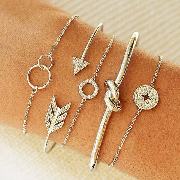 

tocona exquisite knot arrow crystal star layering silver bracelet set for women girl open rhinestone bangle jewelry gift 4079, Golden;silver