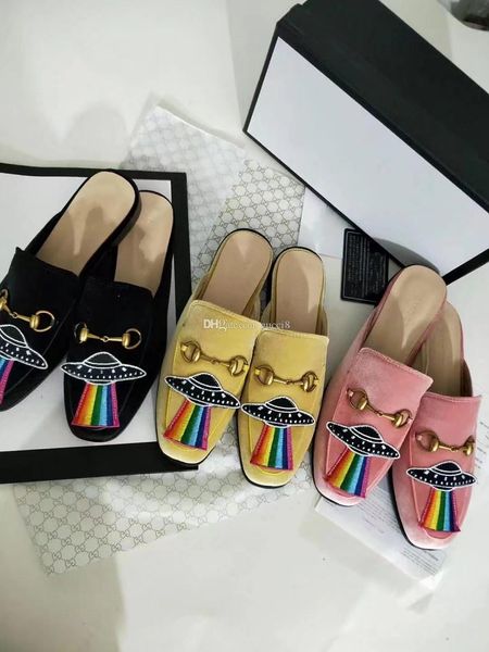 

horsebit slides feminino flat heel velvet fashion womens casual shoes cover toe slipper, Black