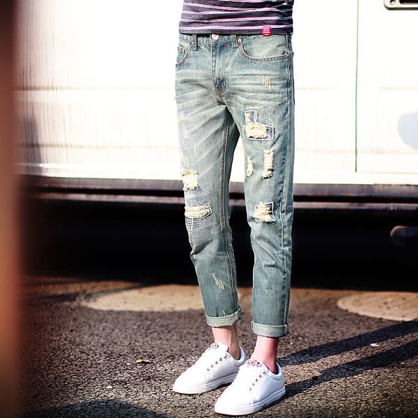 

2019 spring autumn tailor retro mens ankle length pants slim fit youth harem jeans boys ripped holes light ankle lengt pants, Blue