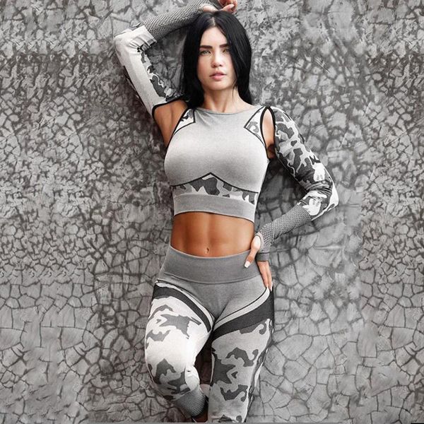 

sport fitness seamless yoga set suit camouflage workout clothes gym leggings pants long sleeve fitness suit workout leggins, White;red