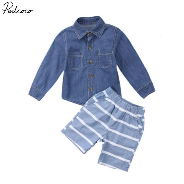 

pudcoco casual kids baby boy clothes full sleeve denim shirt+striped shorts outfits set 6m-5y, White
