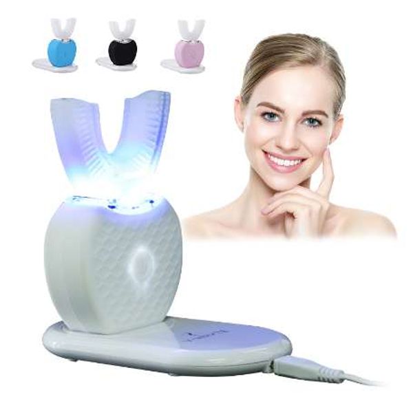 Spazzolino elettrico ad ultrasuoni a forma di U a 360 gradi Ricarica wireless USB Spazzolino da denti a mani libere Massaggio pulito per i denti Sbiancamento