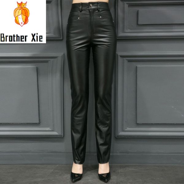 

plus size s-5xl women real leather skinny pants office lady trousers high waist pencil pants woman full length quality, Black;white