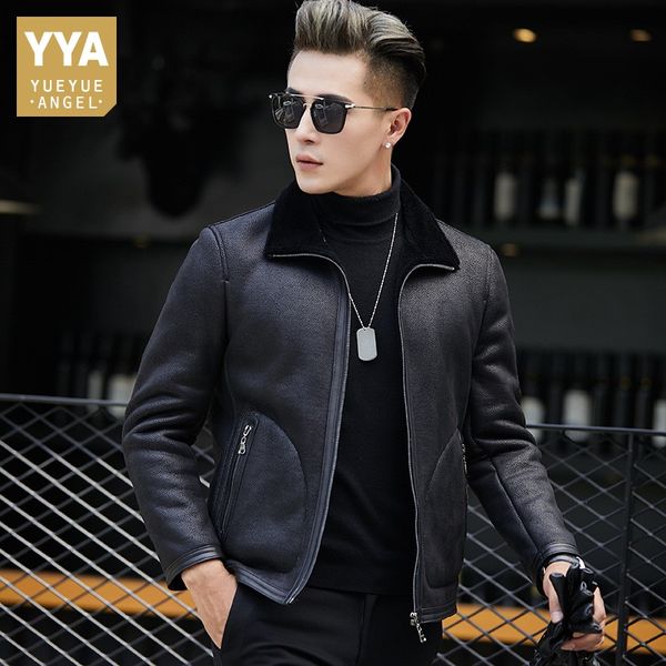 

brand business genuine leather jacket men winter warm hooded sheepskin zipper short coat black casual outerwear plus size 4xl