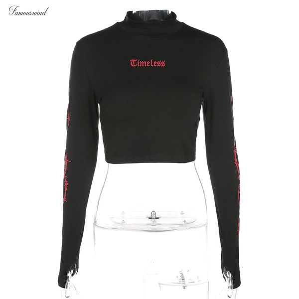 

футболка с длинным рукавом мода готической обрезанной печатью письмо осень черный стендом воротник streetwear crop top tshirt tops, White