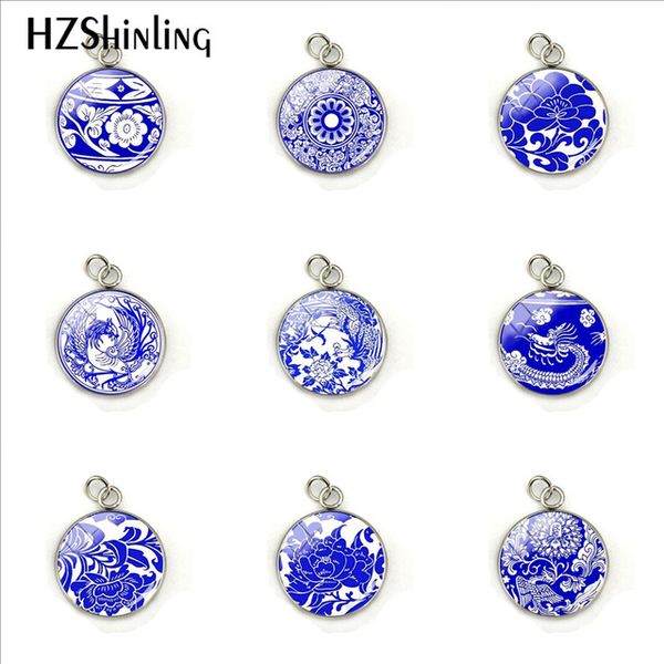 

12 patterns chinese style blue and white porcelain glass cabochon pendant charms jewelry hand craft accessories, Bronze;silver