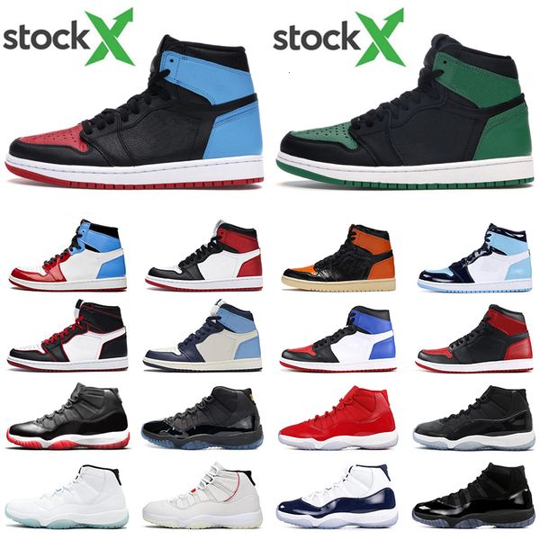 

men basketball shoes 1s high og unc to chicago pine green travis scotts 1 bred 11s concord space jam jumpman women sports sneaker, Black