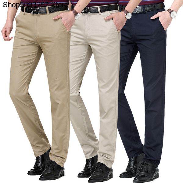 

men's wear 2020 season new men leisure pants solid color trousers middle age straight cylinder pure cotton leisure thin, Black