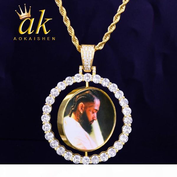 

custom made p rotating double-sided medallions pendant necklace 4mm tennis chain zircon men's hip hop jewelry 2x1.65 inch, Silver