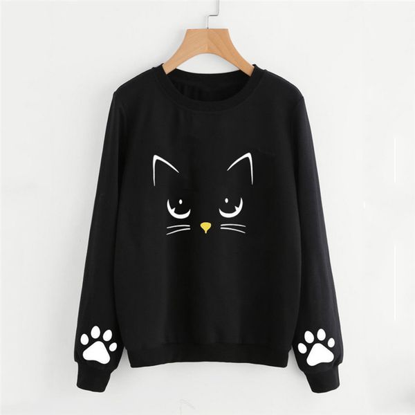

women's cute sweatshirts autumn round neck long sleeve hoodies sweatshirt women cat print hoodie poleron mujer 2019, Black