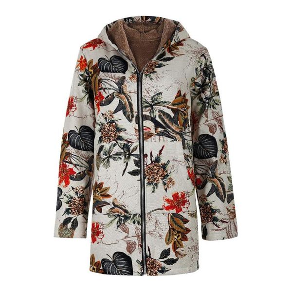 

winter hooded casual coats cotton women thicken jacket vintage floral print zipper pocket parkas, Black