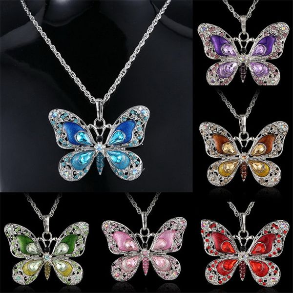 

butterfly sweater chain necklace crystal rhinestone necklace for girls fashion women necklaces jewelry animal pendant charm necklace 6colors, Silver