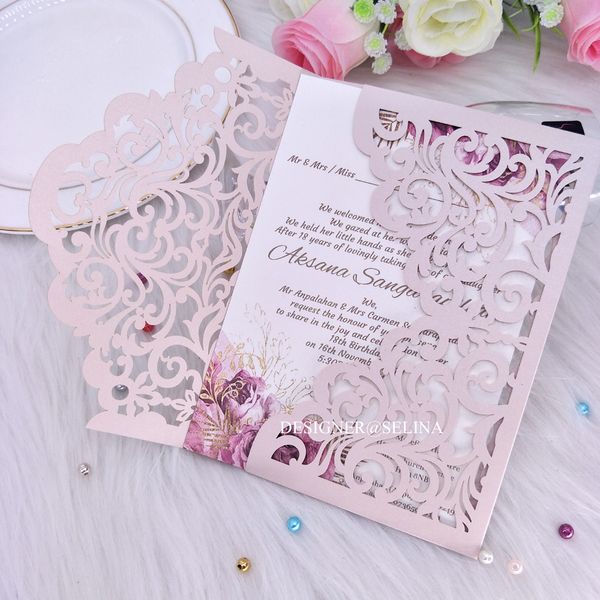 Classic Laser Cut Sleeve Wedding Invitation Light Pink Shiny