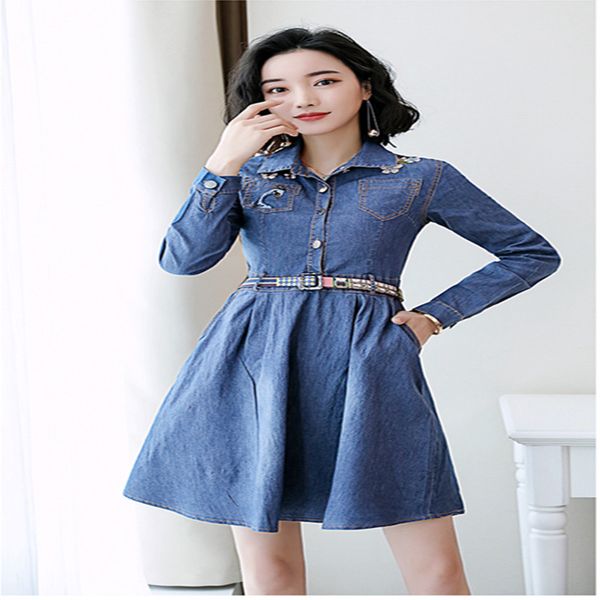 

spring autumn new korean denim slim women dress knee-length embroidery office lady peter pan collar dress women, Black;gray