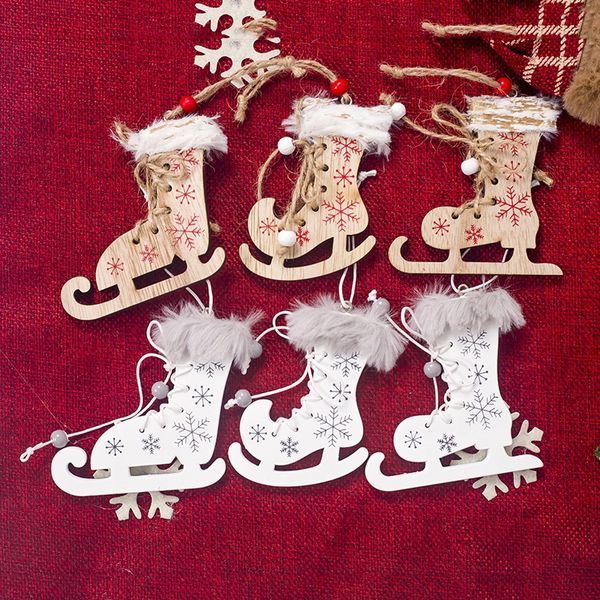 

3pcs christmas wooden pendants ornaments skating shoes with burlap rope crafts xmas tree ornaments christmas party decorations