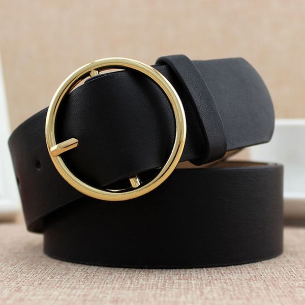 

women fashion classic round buckle lady wide belt casual candy color leather belts for jeans ladies belt skirt wild pants, Black;brown