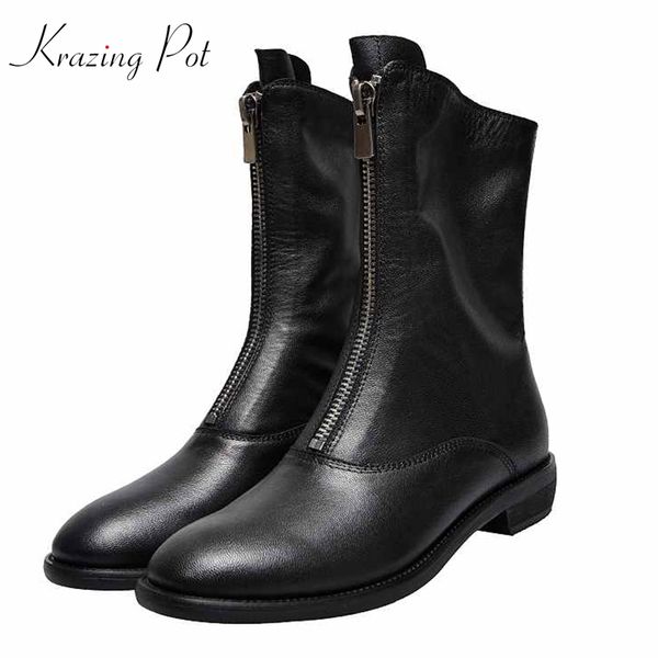

krazing pot vintage genuine leather round toe thick med heels gladiator the front zipper boots fashion modern mid-calf boots l01, Black