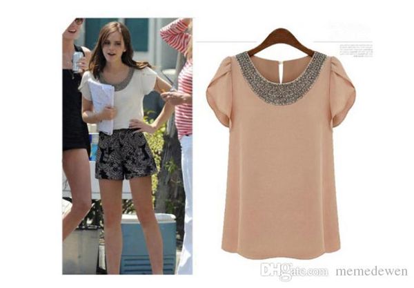 

новая мода женщины лето старинные бисером шифон блузка свободные большой размер о-образным вырезом дамы бисером женские блузки летние топы п, White