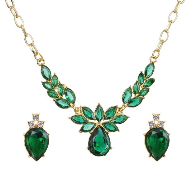 

zircon crystal smaragd green flower pendant necklace earrings set women choker necklace set water drop jewelry sets, Silver