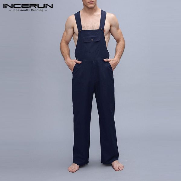 

incerun men romper jumpsuit solid color pockets loose strap suspenders pants joggers 2019 streetwear men overalls harajuku s-5xl, Black
