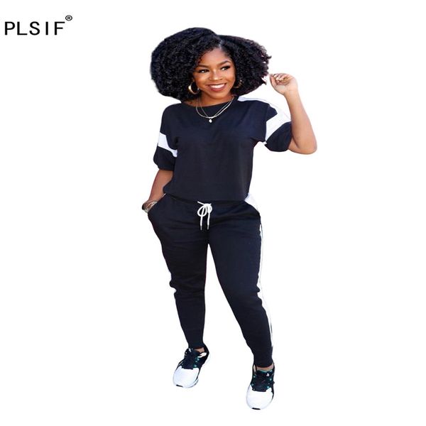 

полосатые случайные женщины спортивный набор орто-образным вырезом с коротким рукавом и брюки карандаш 2 шт набор случайных костюм снаряжени, White