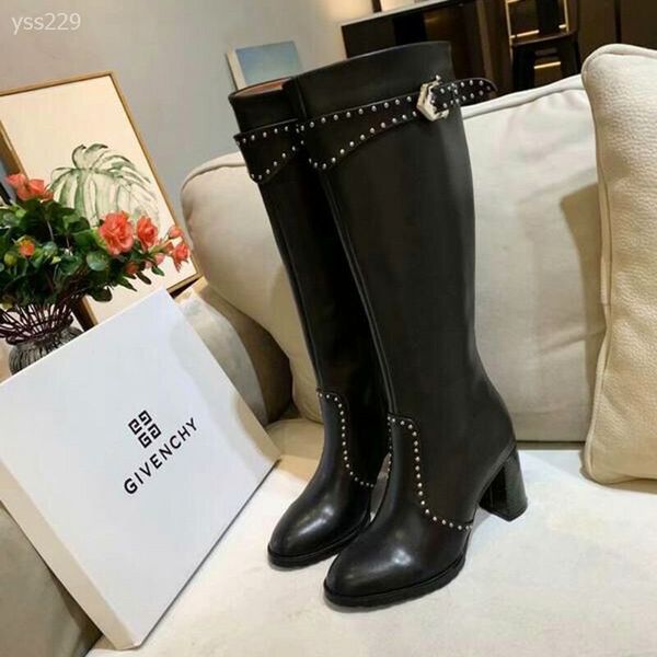 

studded mid-heeled round-to-the-knee boots women's autumn and winter 2019 new europe and america outdoor and simple zipper leather boot, Black