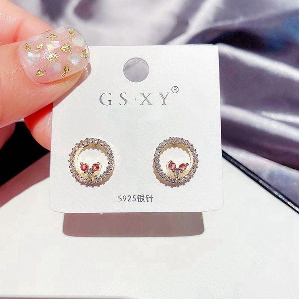 

migga pink crystal paved cubic zircon circle round stud earrings for women girls gold color jewelry, Golden;silver