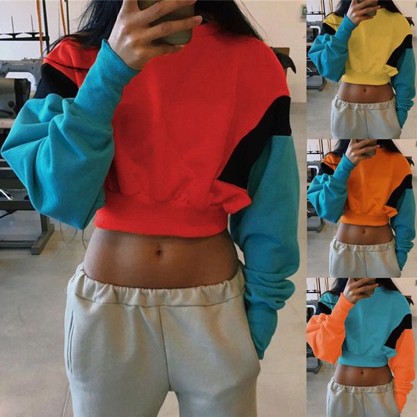 

women harajuku crop sweatshirt 2019 spring autumn o-neck long sleeve patchwork hoodie casual drop shoulder shirt streetwear, Black