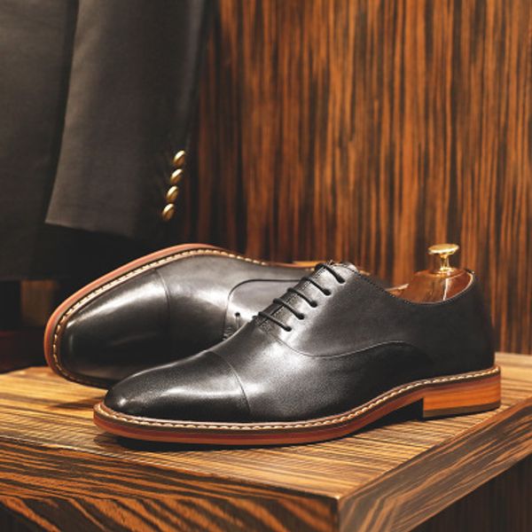 

new genuine leather men oxfords pointed toe cap toe man wedding party flats classic formal dress handmade bridal shoes fhs106, Black
