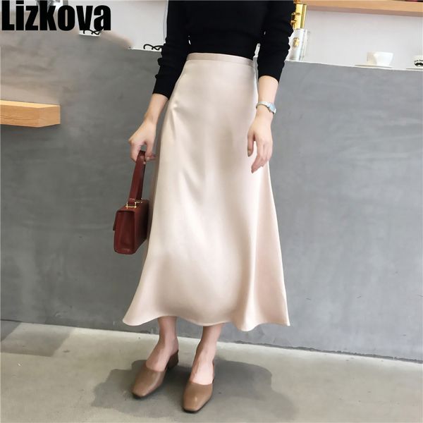 

2020 весна шелковый сатин юбка женщины высокой талией midi юбки лета элегантные дамы гофрированные, White