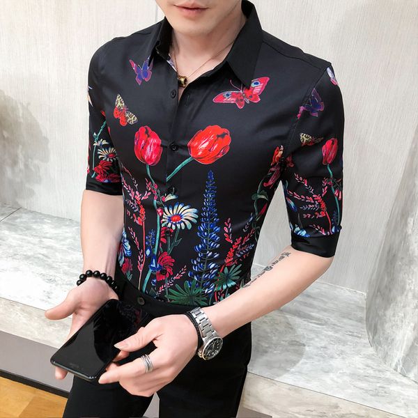 

hawaiian shirt men butterfly print middle sleeve slim floral shirts male fashion casual wild spring new white black