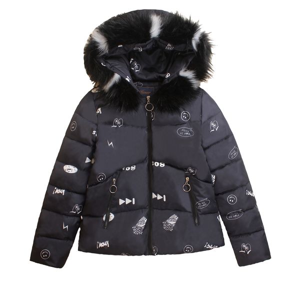 

printing fur hooded thicken short down coats women casual long sleeve warm cotton coats female hardy jackets new large size 3xl, Black