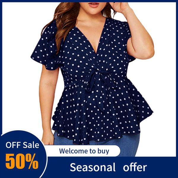 

women's blouse plus size v neck short sleeve shirt for female polka dot knot waist ladies shirt bandage blusas de mujer verano, White