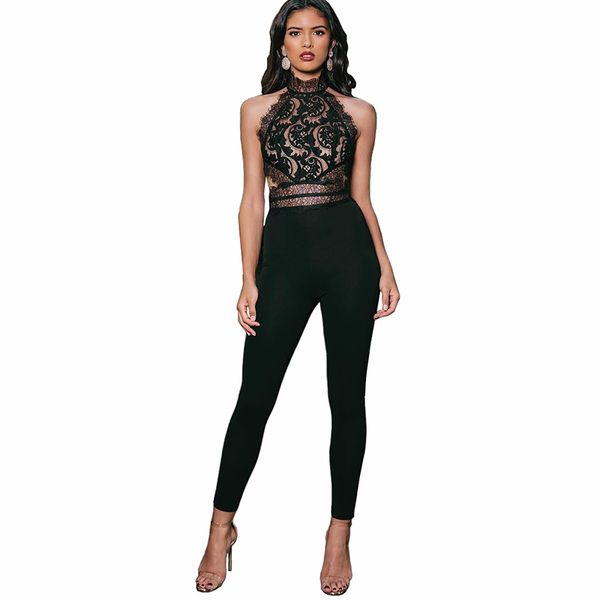 

rompers lacy hollow out backless bodysuit women sleeveless bodycon long pants summer 2019 halter bodysuits long pants, Black;white