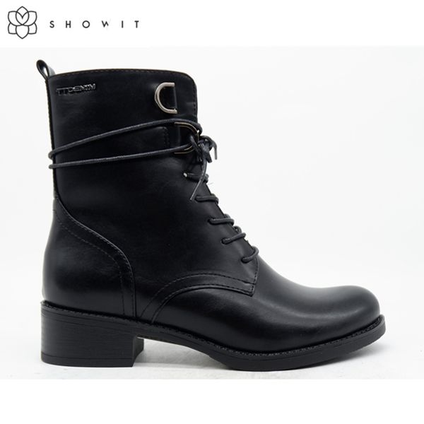 

new thick heel ankle boots for women with front lace-up side zipper handsome daily round head boots, Black