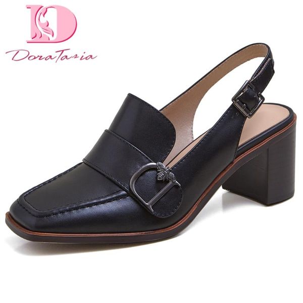

doratasia 2020 fashion 100% genuine leather square high heels summer shoes women natural skin sandals, Black