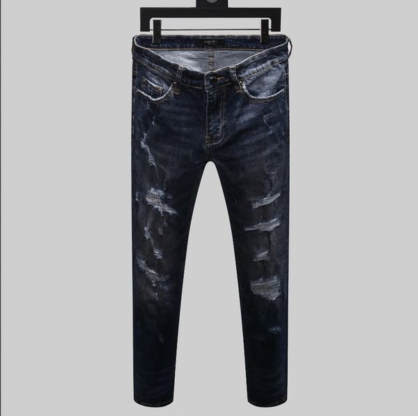 

men's designer brand ami jeans classic hip hop pants designer jeans distressed ripped biker jean slim fit denim jeans firmati da uomo b, Blue